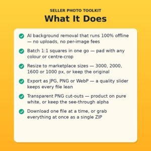 Seller Photo Toolkit — AI Background Remover & Batch Photo Prep for Etsy, eBay, Amazon & Walmart Sellers (Windows, Offline)