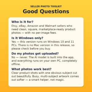 Seller Photo Toolkit — AI Background Remover & Batch Photo Prep for Etsy, eBay, Amazon & Walmart Sellers (Windows, Offline)