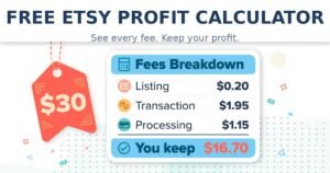 Free Etsy profit calculator showing itemized Etsy fees on a $30 sale — $3.30 in fees and $16.70 kept