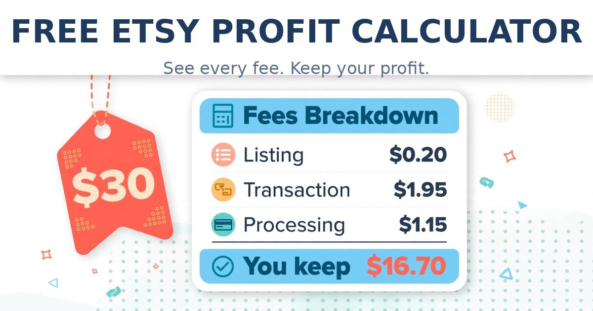 Free Etsy profit calculator showing itemized Etsy fees on a $30 sale — $3.30 in fees and $16.70 kept