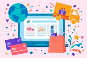 How to start a Shopify store in 2026 — colorful illustration of laptop storefront, globe, delivery truck and payment cards