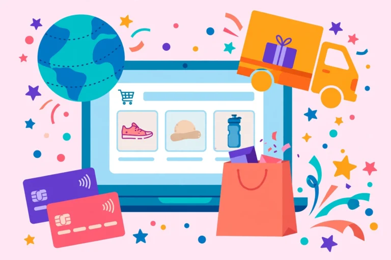How to start a Shopify store in 2026 — colorful illustration of laptop storefront, globe, delivery truck and payment cards