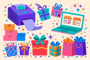 Best gifts for e-commerce sellers in 2026 — colorful illustration of gift boxes, label printer, laptop and parcels