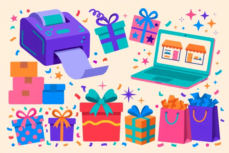 Best gifts for e-commerce sellers in 2026 — colorful illustration of gift boxes, label printer, laptop and parcels