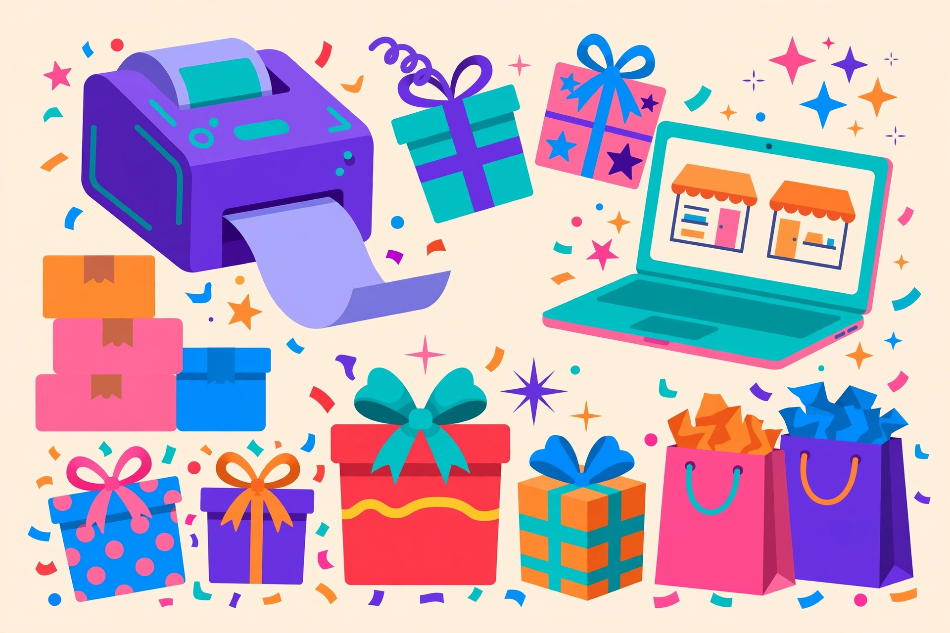 Best gifts for e-commerce sellers in 2026 — colorful illustration of gift boxes, label printer, laptop and parcels