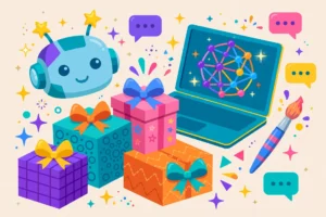 Best AI tool gifts for tech lovers in 2026 — colorful illustration of gift boxes, robot head, chat bubbles and laptop