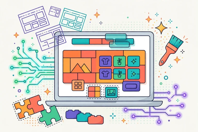 Best AI website builders for e-commerce in 2026 — colorful illustration of a laptop building an online store