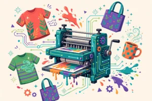 Best print on demand platforms and AI design tools in 2026 — colorful illustration of a printing press with t-shirts and mugs