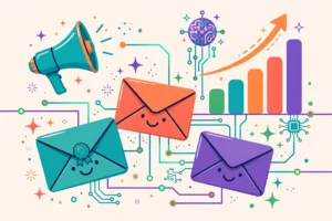 Best AI email marketing tools for e-commerce in 2026 — colorful illustration of envelopes, charts and AI circuits