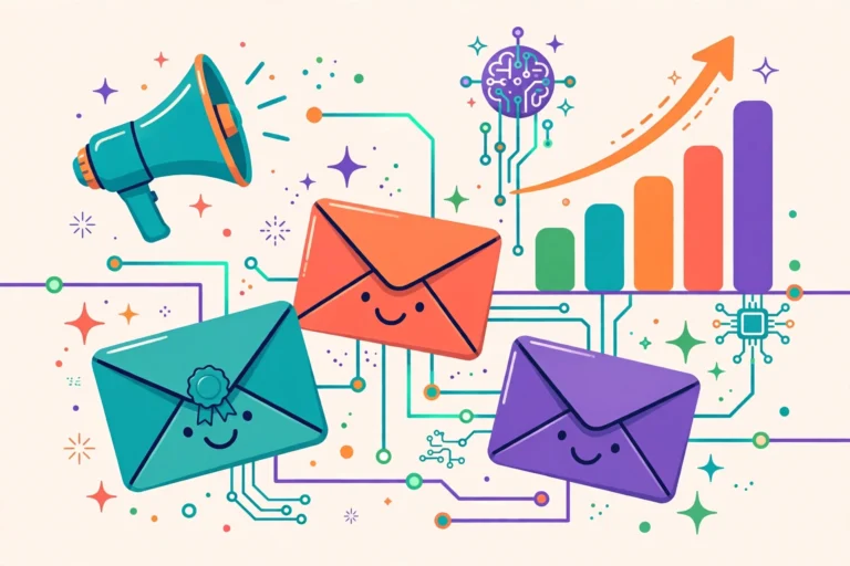 Best AI email marketing tools for e-commerce in 2026 — colorful illustration of envelopes, charts and AI circuits