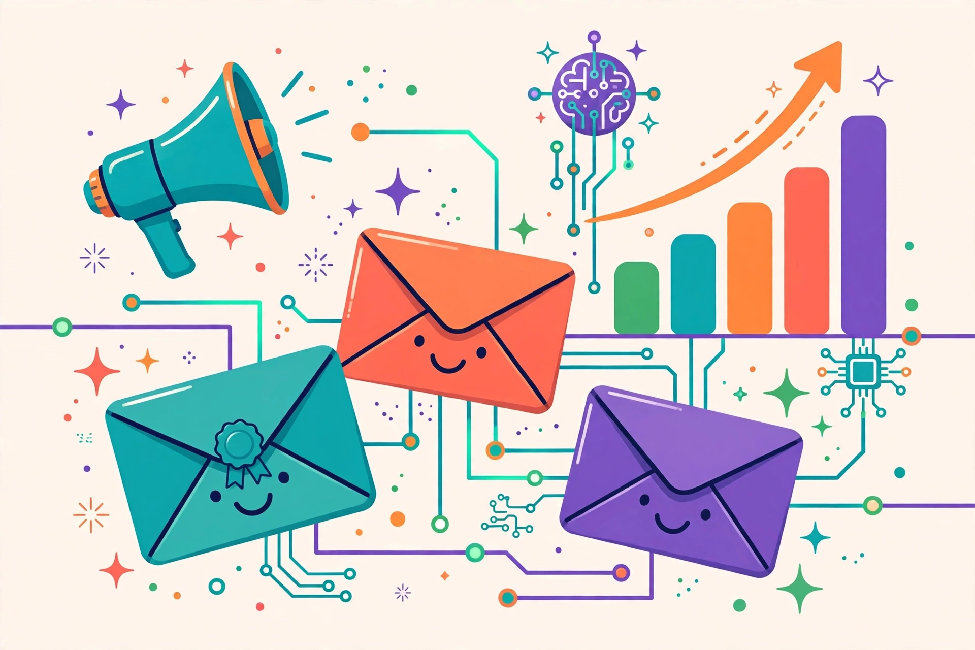 Best AI email marketing tools for e-commerce in 2026 — colorful illustration of envelopes, charts and AI circuits