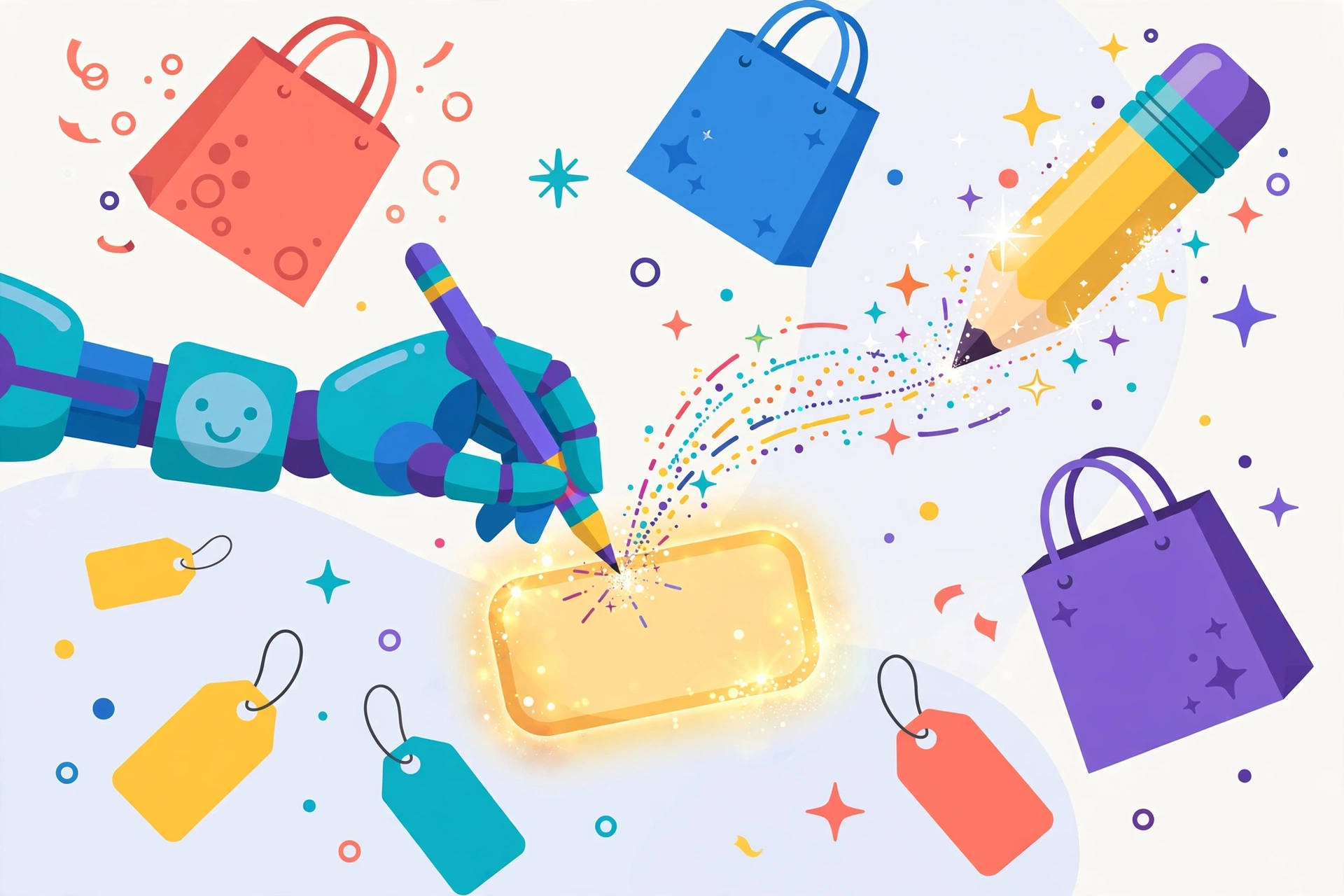Best AI product description generators for e-commerce in 2026 — colorful illustration of robot hand writing a product tag with shopping bags and price tags