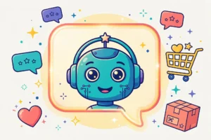 Best AI chatbots for e-commerce in 2026 — colorful illustration of robot in a chat bubble with shopping cart and message icons
