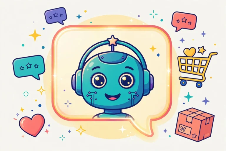 Best AI chatbots for e-commerce in 2026 — colorful illustration of robot in a chat bubble with shopping cart and message icons