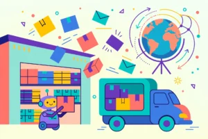 Best dropshipping suppliers for e-commerce in 2026 — colorful illustration of warehouse, delivery truck and globe with parcels
