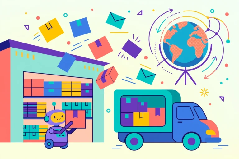 Best dropshipping suppliers for e-commerce in 2026 — colorful illustration of warehouse, delivery truck and globe with parcels
