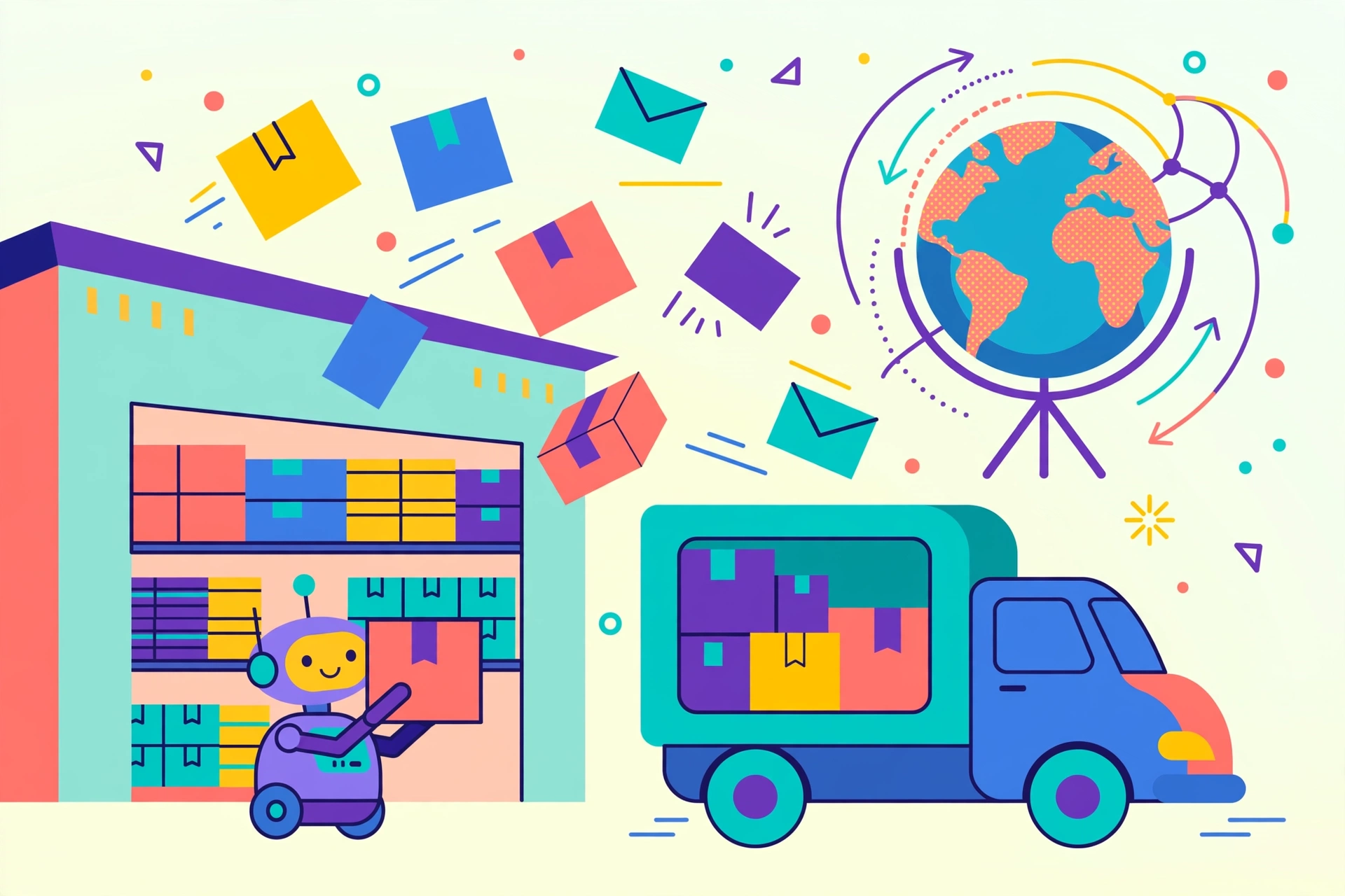 Best dropshipping suppliers for e-commerce in 2026 — colorful illustration of warehouse, delivery truck and globe with parcels